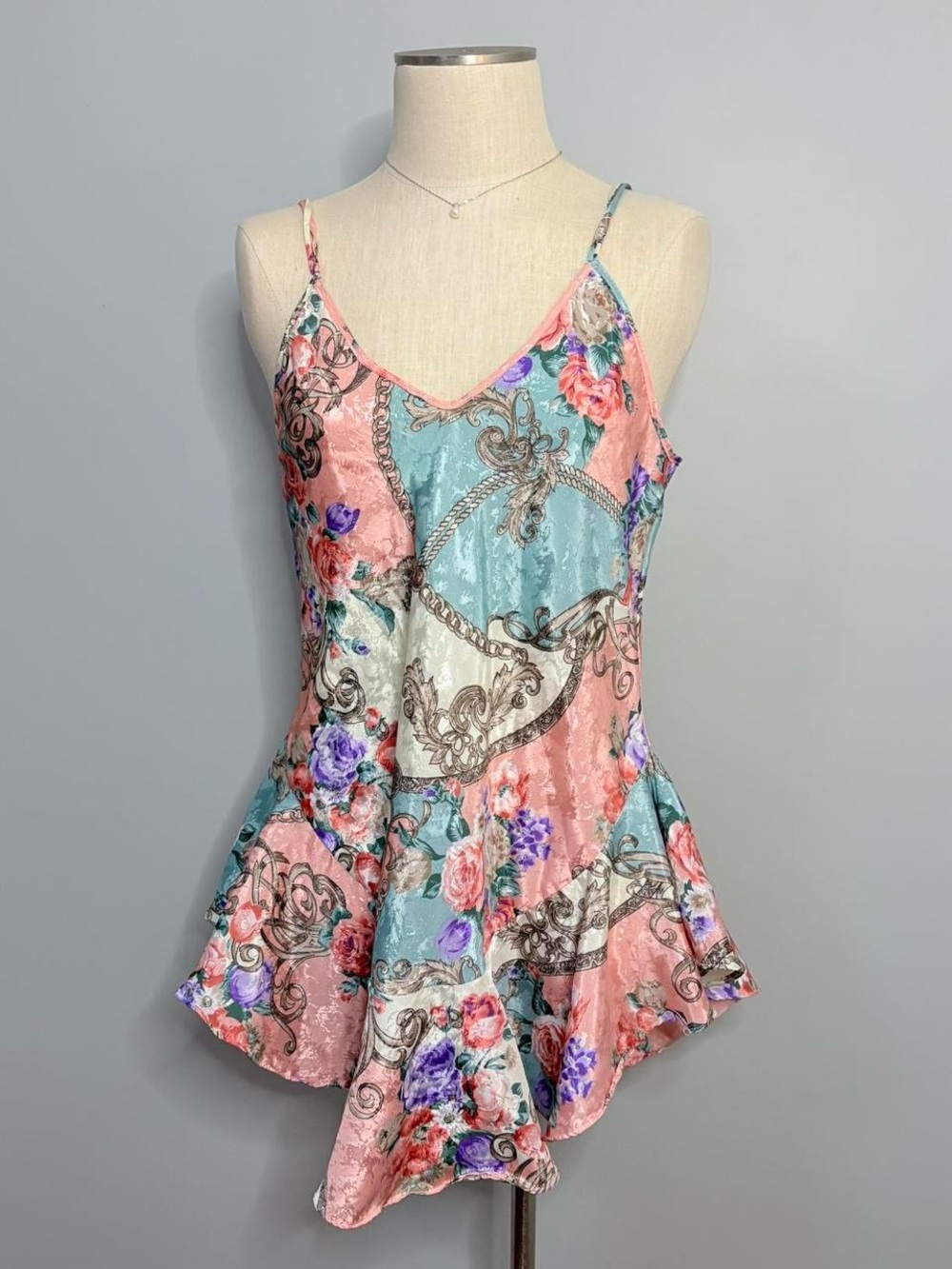 Floral Patchwork Satin Cami - Pink & Blue